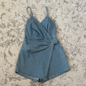 Lulus Blue Denim Wrap Romper Skort